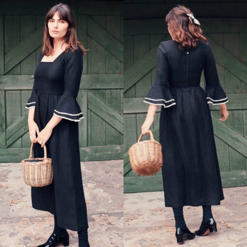 Christy Dawn Black Midi Dress with Square Neck and Bell Sleeves